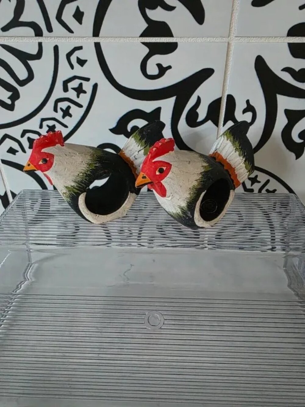 Vintage Style Wooden Rooster Napkin Rings Set of 2 Hand Painted Farmhouse